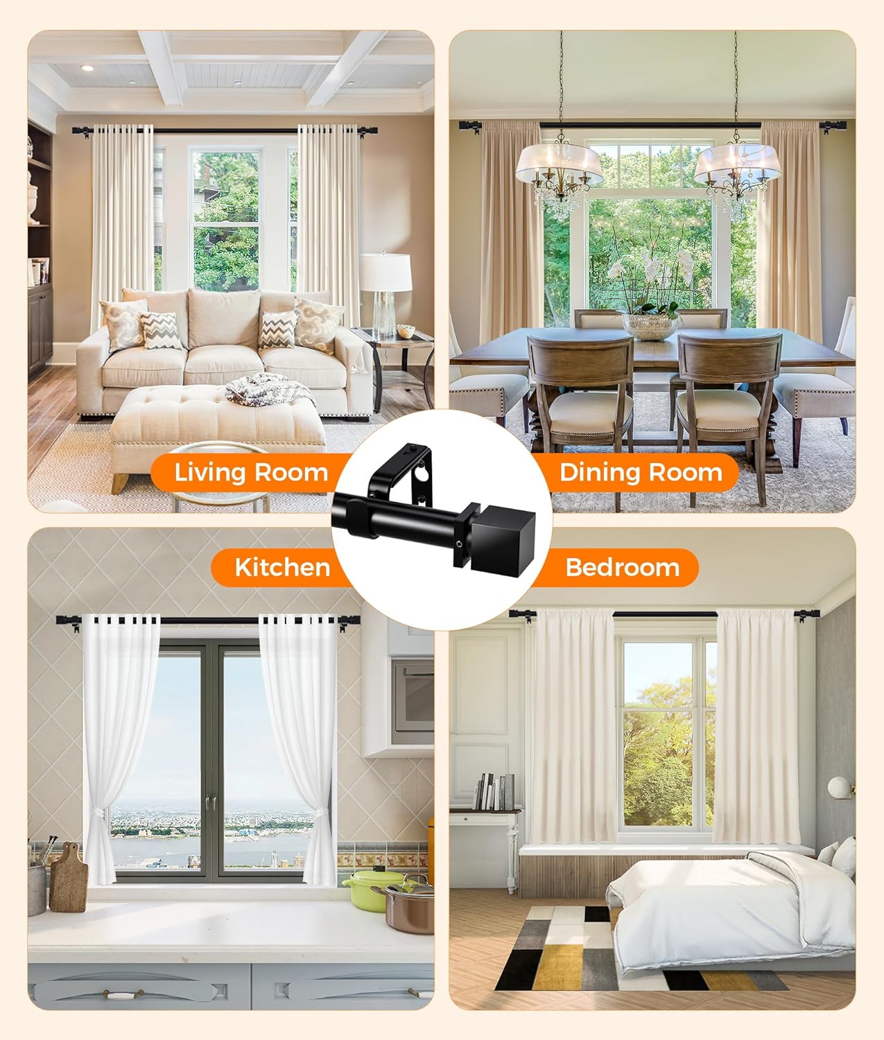 Curtain Rods for Windows Heavy Duty, Adjustable Curtain Rod 32 to 120 Inches, Metal Black Curtain Rod with Square Ends, Easy Install for Living Room Bedroom Kitchen