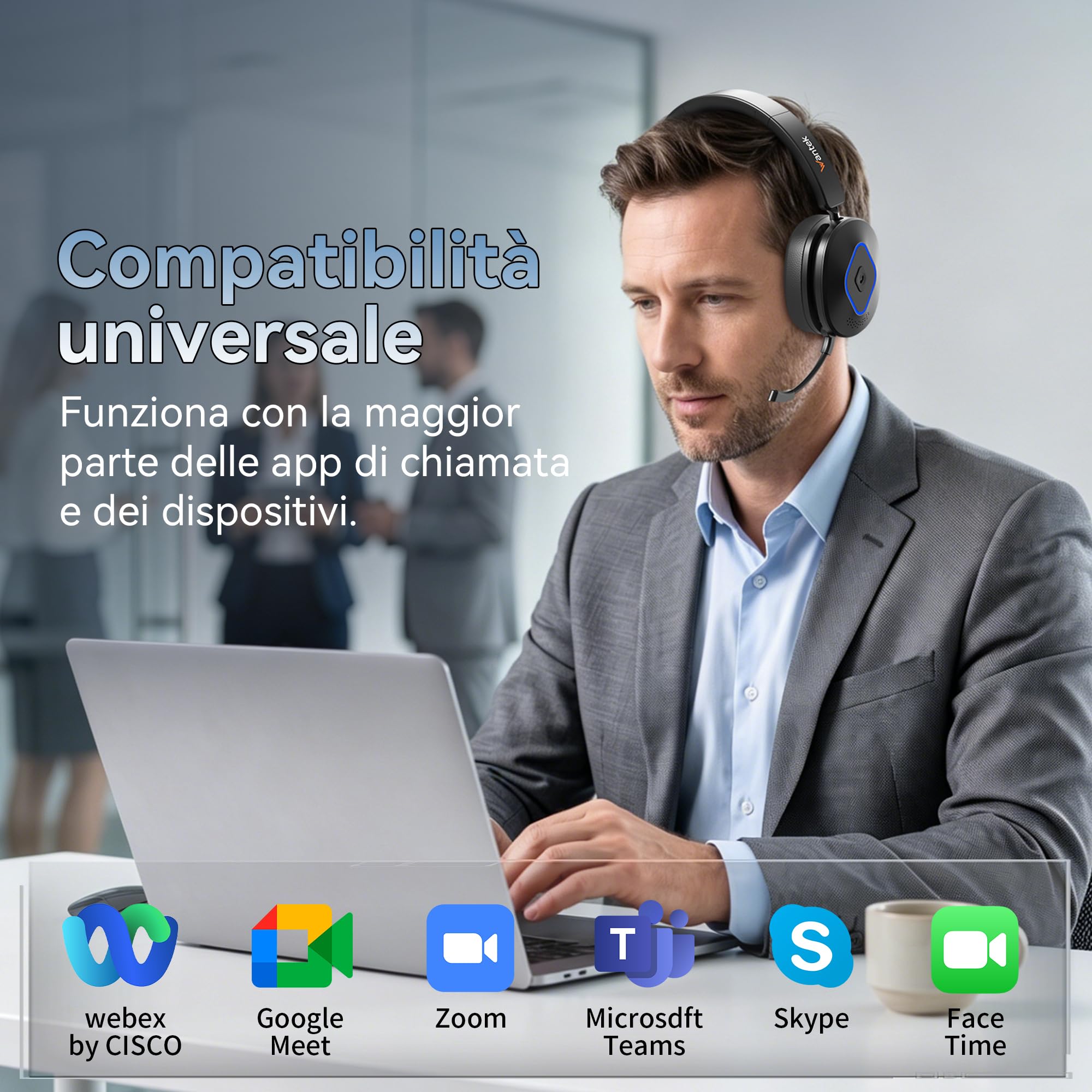 Wantek Cuffie Bluetooth con Microfono, Base di Ricarica e Dongle USB, Bluetooth 6.0, Riduzione del Rumore Microfono, Connessione Multipoint, per PC, Laptop, Teams, Zoom e Ufficio, call center