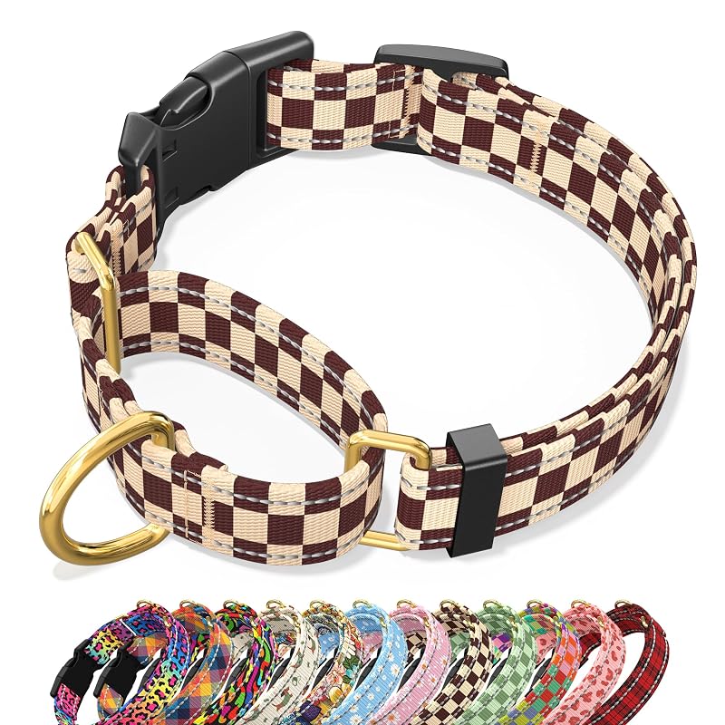 Coleira Martingale para Cães Médios em Nylon Refletivo TMOODEL Brown Checkered M — 40,64–50,8 cm