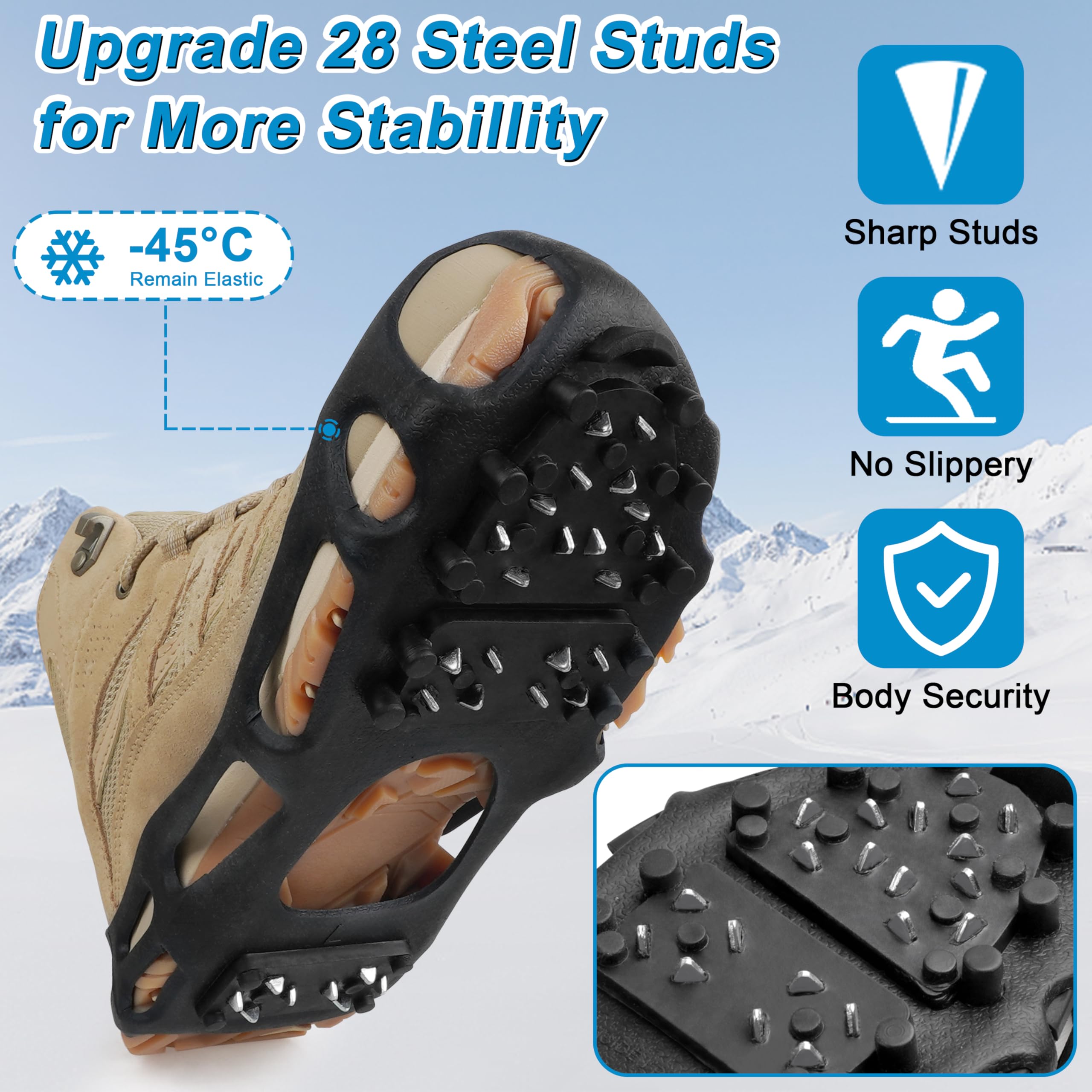 Pattes de traction Ice Snow Crampons antidérapants Chaussures de neige Crampons Marcher sur la neige et la glace Bottes d'hiver Marche Bottes Crampons pour Hommes Femmes Randonnée Jogging (28 crampons