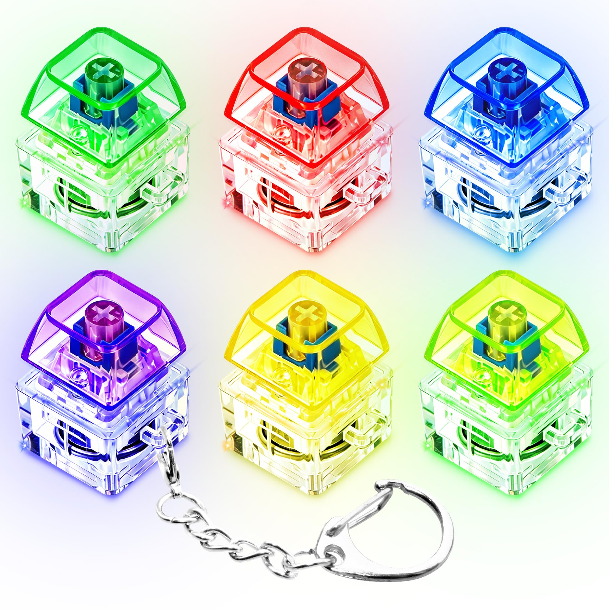 6 Pack Keyboard Fidget Toy Keyboard Fidget Keychain,Keyboard Clicker with LED Light,Button Stress Relief Fidget Gifts for Adult to Relief Stress (6 Colors Transparent Colorful)