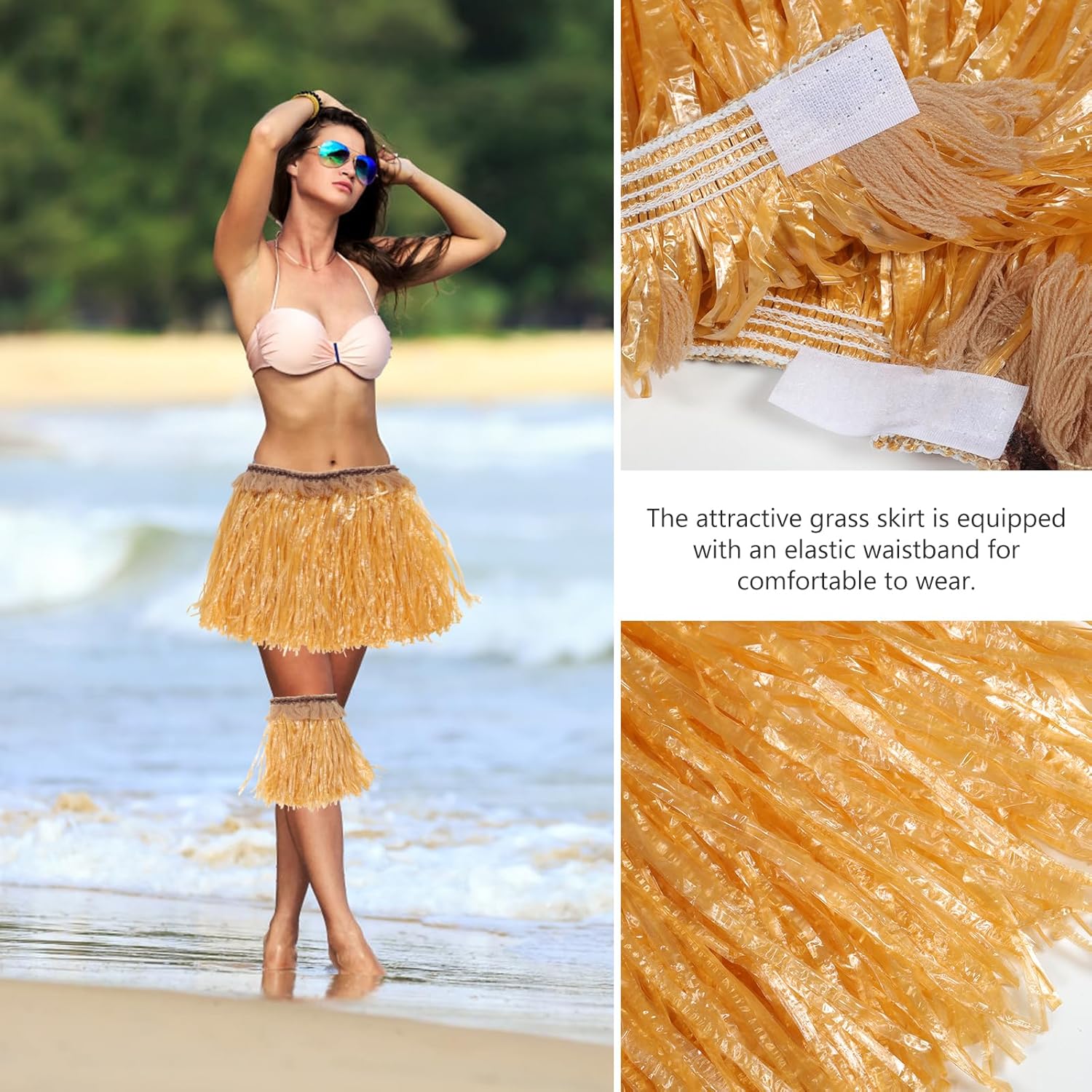 Hula Grass Skirt - Faux Leis Flower Hawaiian Elastic Skirt Golden Straw Color for Fancy Dress, Birthdays, Hawaii Party, Beach and Costume Parties - Image 8