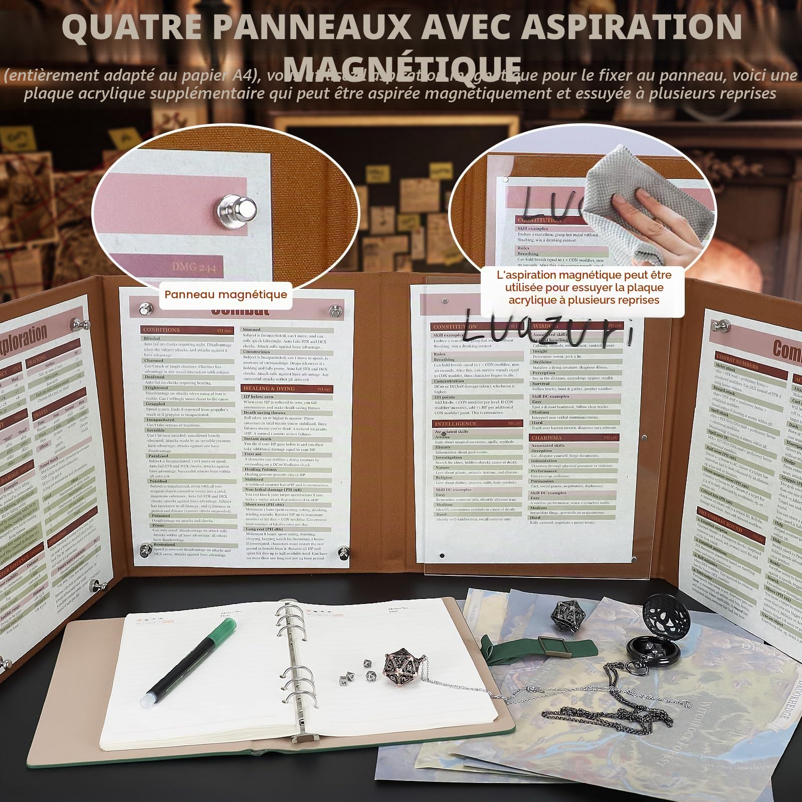 DND DM Screen 5e Dungeon Master Screen, Deluxe Leather 4-Panel Customizable Magnetic Panel Game Master Screen, donjons et Dragons, Accessoires de Jeu de rôle de Table