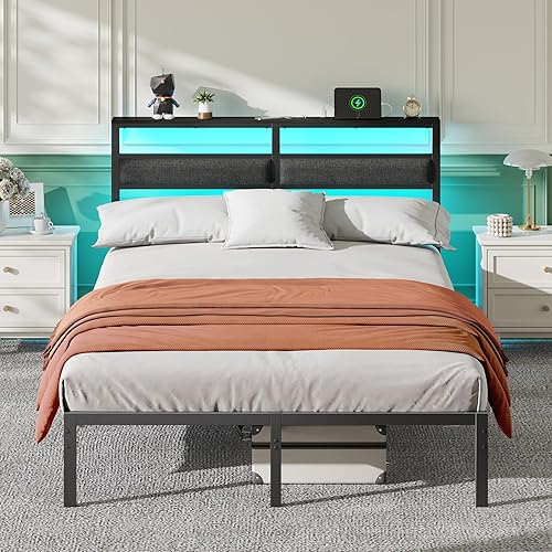 Full Size Bed Frame with Headboard, Bed Frame Full Size with LED Light and Charging Station, Black Double Metal Bedframe and Storage Shelf, No Box Spring Needed, Noise Free