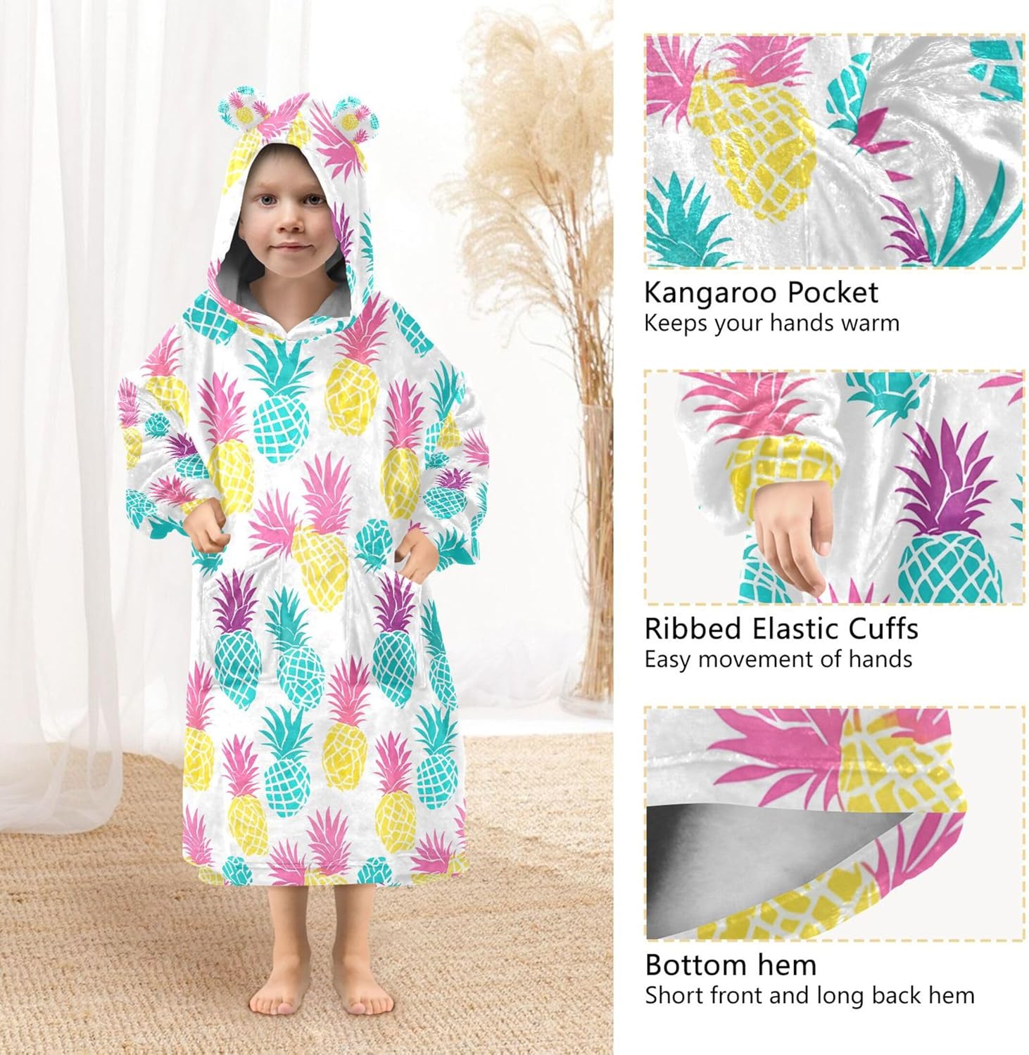 Pineapple Fruit Summer Kids Wearable Blanket Hoodie with Pocket and Sleeves for Toddlers, Cute Hoodies Girls B0403886