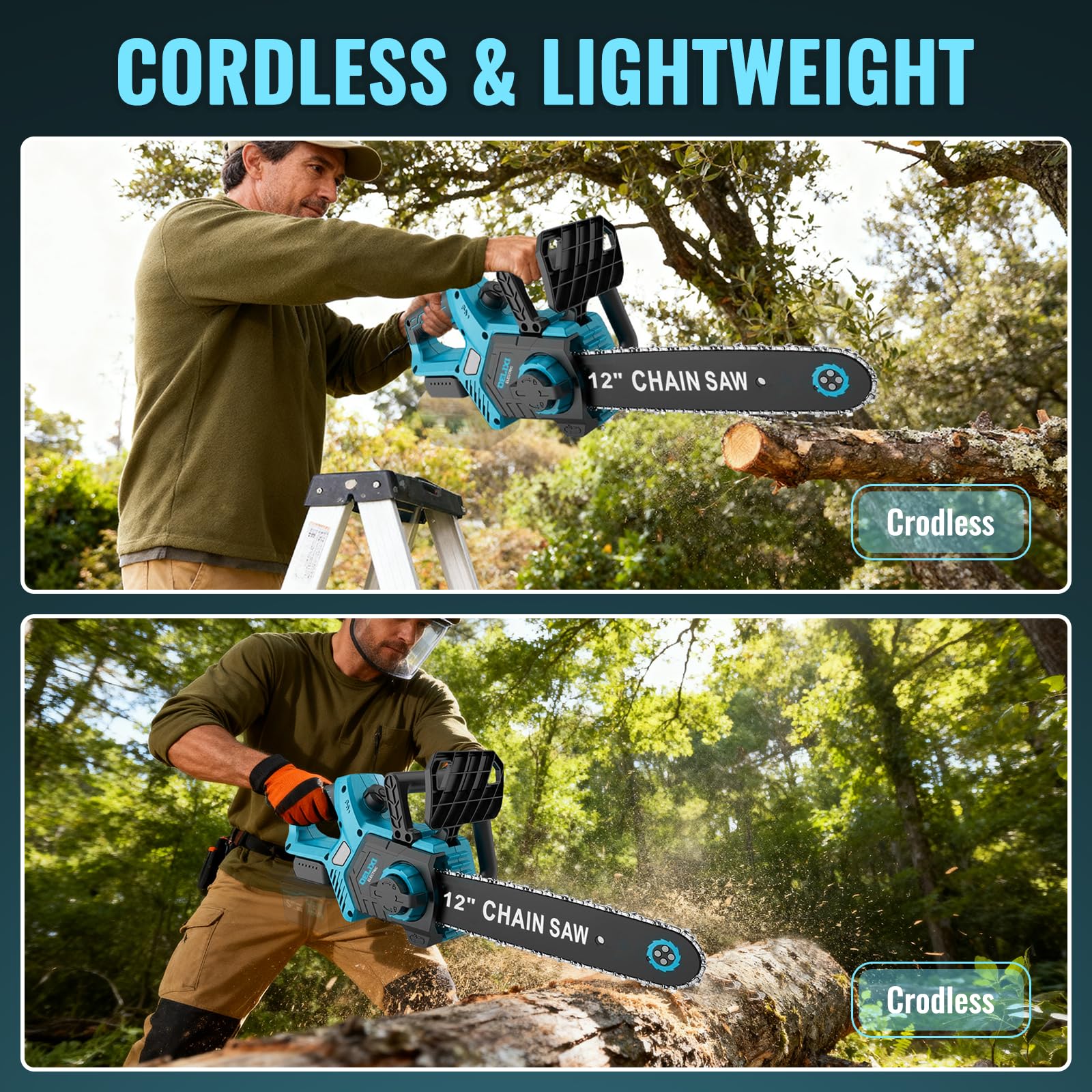Akku-Kettensäge, 12 Zoll Elektrisch Kettensägen kompatibel mit Makita 18V | 1000W Bürstenloser Motor Akku Kettensäge, akkusäge Handkettensäge 30 cm, für Holzbearbeitung und Garten (ohne Akku)