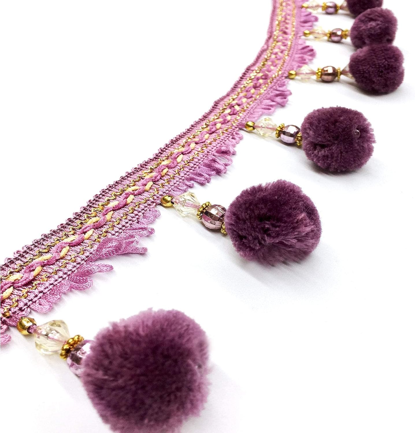 3 Yards/Adele 3" Purple Pink Boho Pom pom Ball Bead Fringe Trim/Drapery, Upholstery, Crafts, Home Decor (Purple)