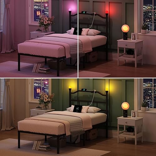 Miniatura 5 de Marco de Cama Twin XL con Cabecero, Marco de Cama de Metal de 14 Pulgadas con Luces Nocturnas de Entretenimiento, Enchufes y USB, Plataforma de