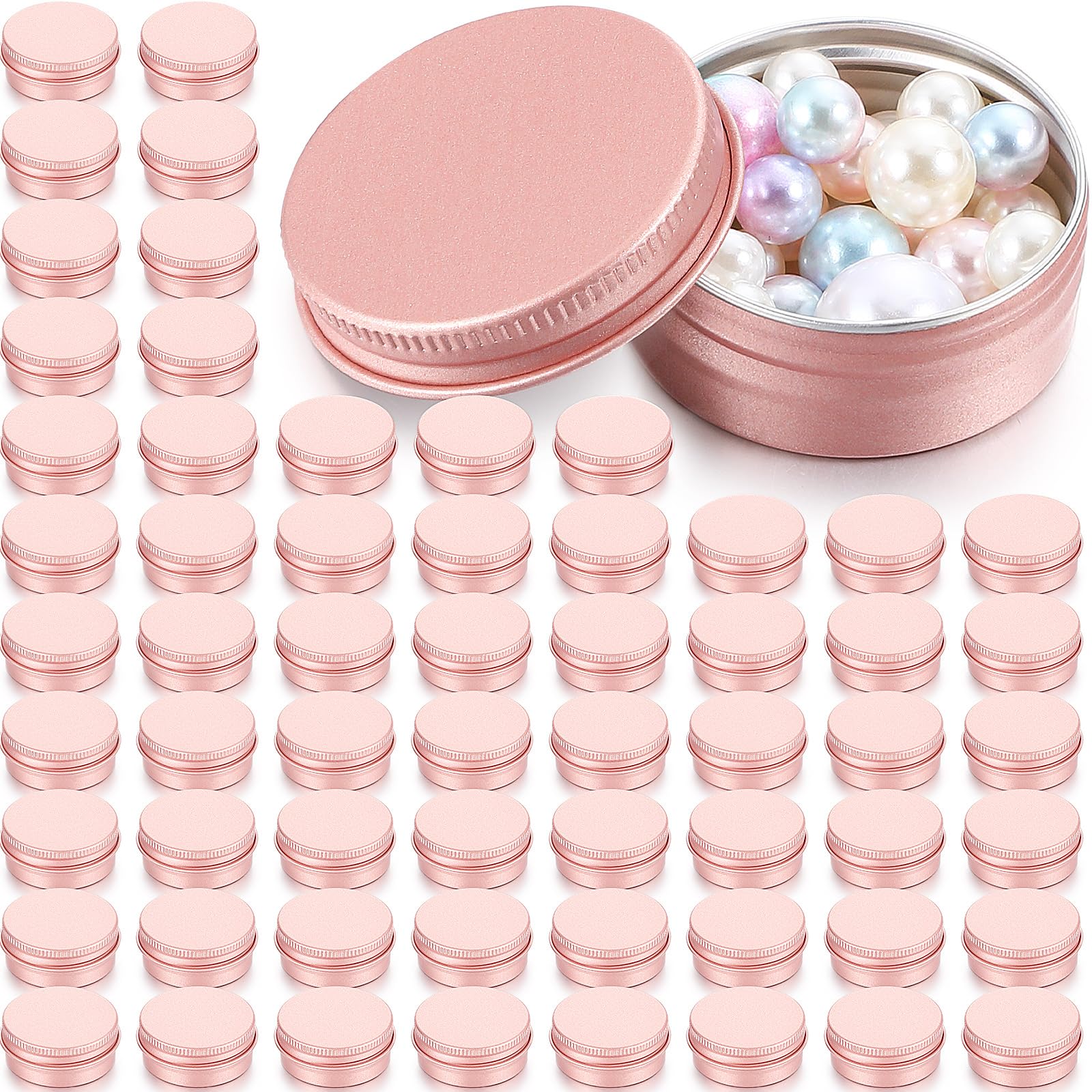 Patelai 64 Pieces Lip Balm Tin Containers Screw Top Round Tin Cans Aluminum Jar with Screw Lid, Empty Bottle Travel Cosmetic Sample Container for DIY(0.5 oz,Rose Gold)