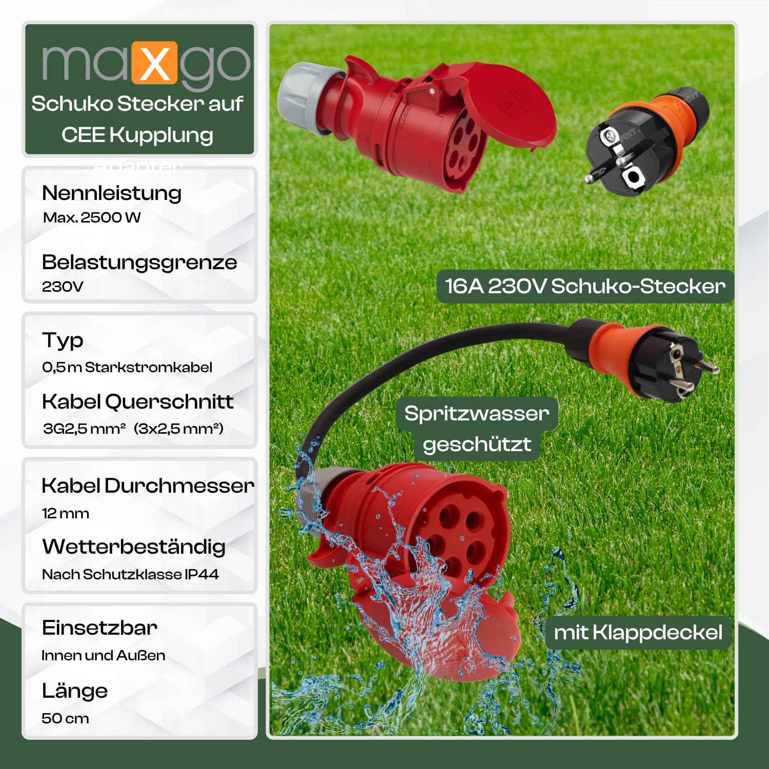 Adapter Schuko Stecker 230V auf CEE 16A 5-polig Kupplung 0,5m Starkstrom Stromadapter Schutzkontakt Ladekabel Elektroauto Adapter Verlängerungskabel IP44