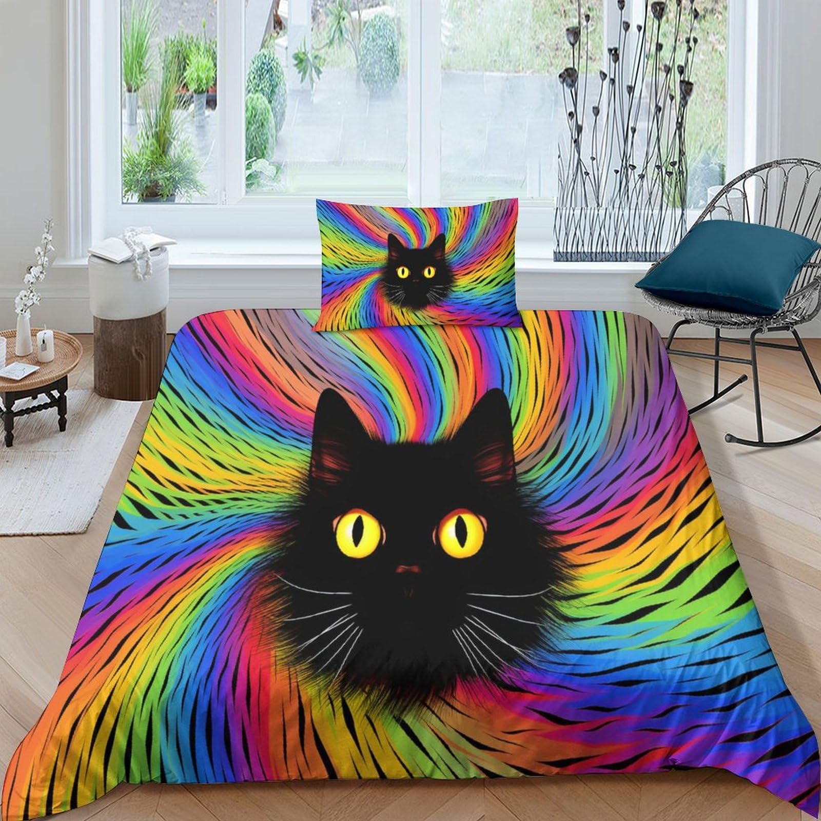 Housse de couette chat arc-en-ciel 3D idée cadeau lit simple 135x200 microfibre zippée