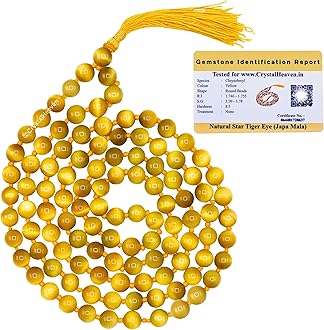 Certified Yellow Cat's Eye Crystal Japa Mala Ganthi - 108 Beads Buddhist Prayer Beads - AAA Grade Original Healing Gemstone Agate Mala for Yoga Meditation Spiritual Reiki Feng Shui