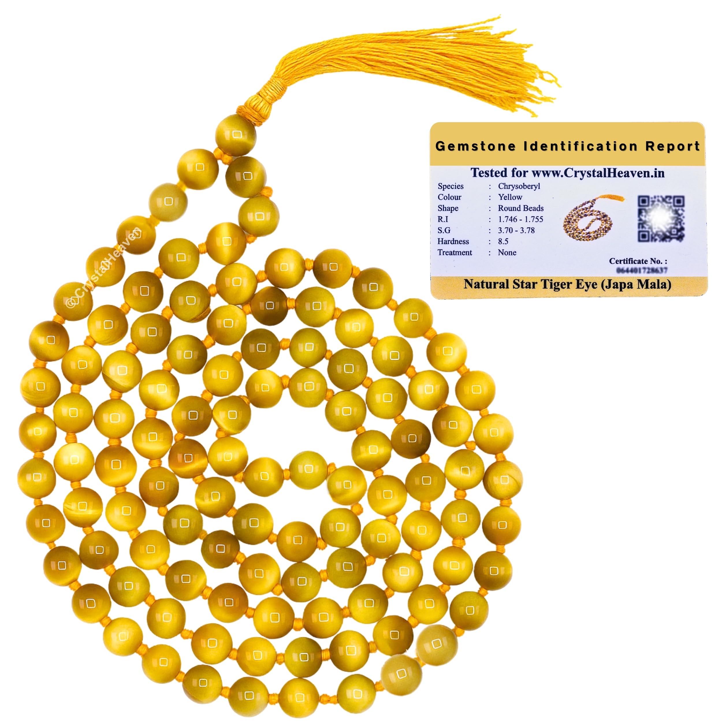 Certified Yellow Cat's Eye Crystal Japa Mala Ganthi - 108 Beads Buddhist Prayer Beads - AAA Grade Original Healing Gemstone Agate Mala for Yoga Meditation Spiritual Reiki Feng Shui