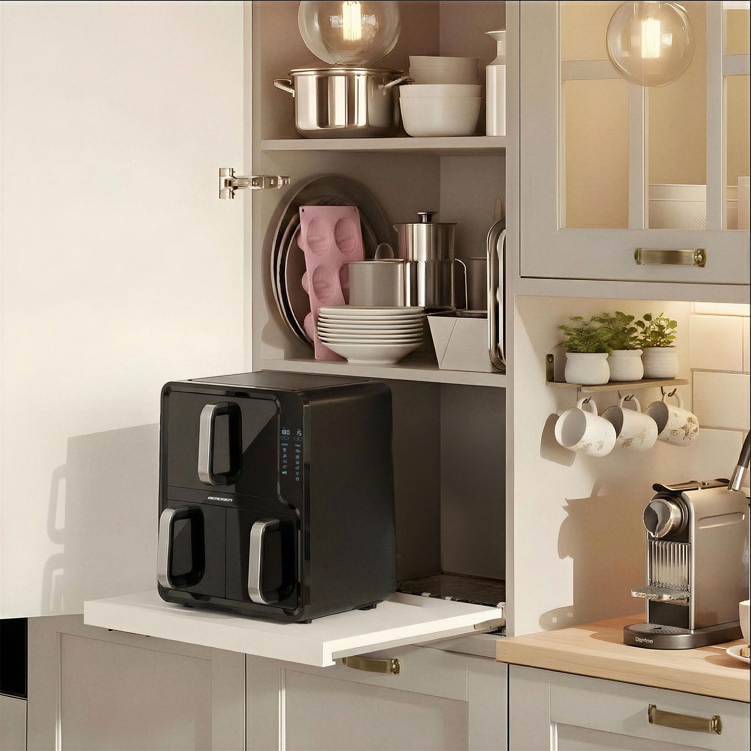 Berdsen Frytkownica Beztłuszczowa Airfryer na Gorące Powietrze 12 l - Dwukomorowa Pionowa 5 l + 7 l, 2800 W, 8 Programów, Ekran Dotykowy, Okienko LED - Pieczenie, Grillowanie i Suszenie - Czarna