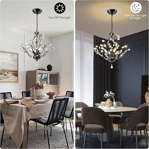 Miniatura 5 de Maxax Candelabro de cristal vintage de 4 luces de 18 pulgadas, lámpara moderna negra, sofisticada lámpara antigua de montaje empotrado para comedor,