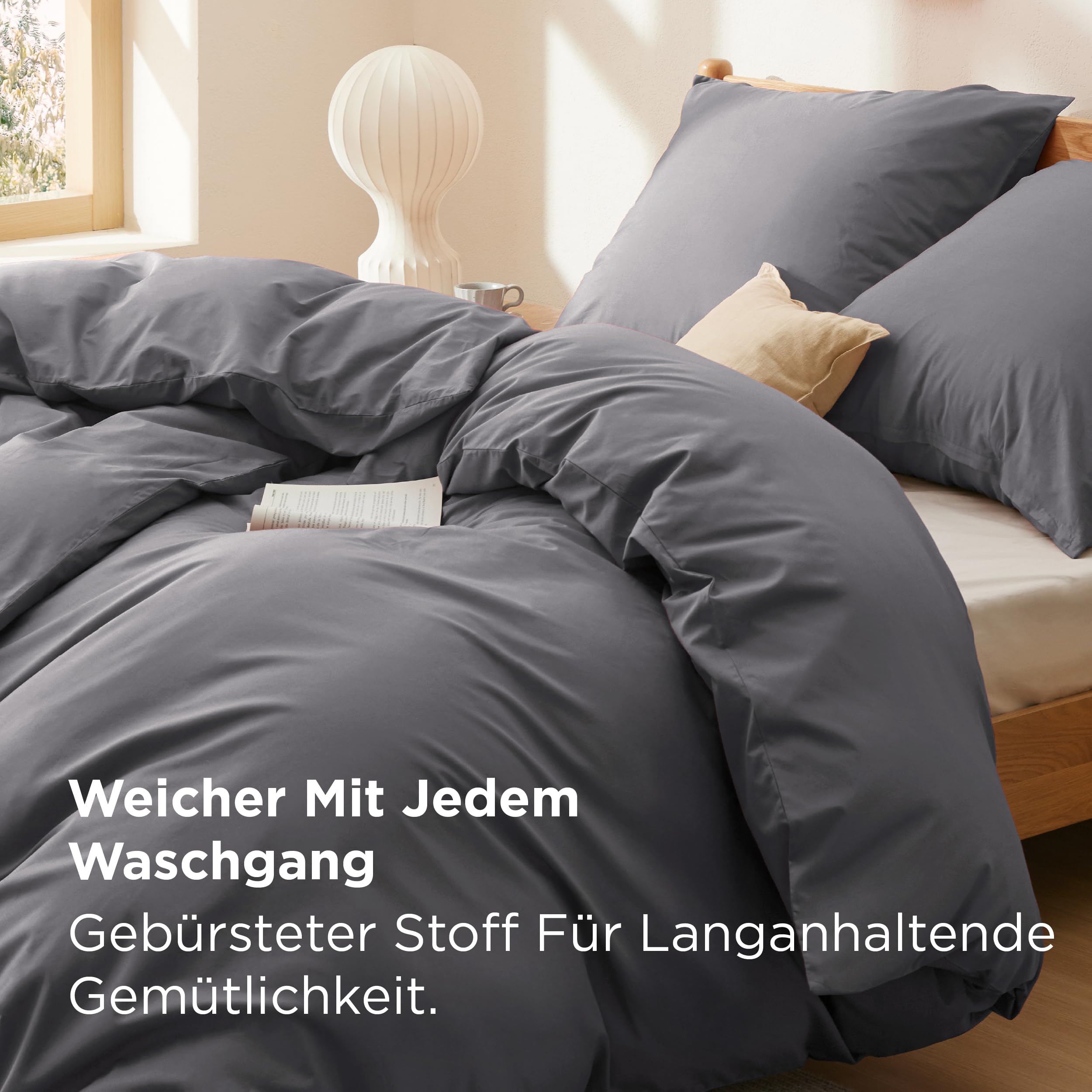 BEDSURE Bettwäsche 135x200 Baumwolle 4teilig - Bettwäsche-Sets für Kinder und Erwachsene, 2 Bettbezug & 2 Kissenbezüge 80x80 cm, Oeko-TEX Bedding Dunkelgrau Grau mit Reißverschluss