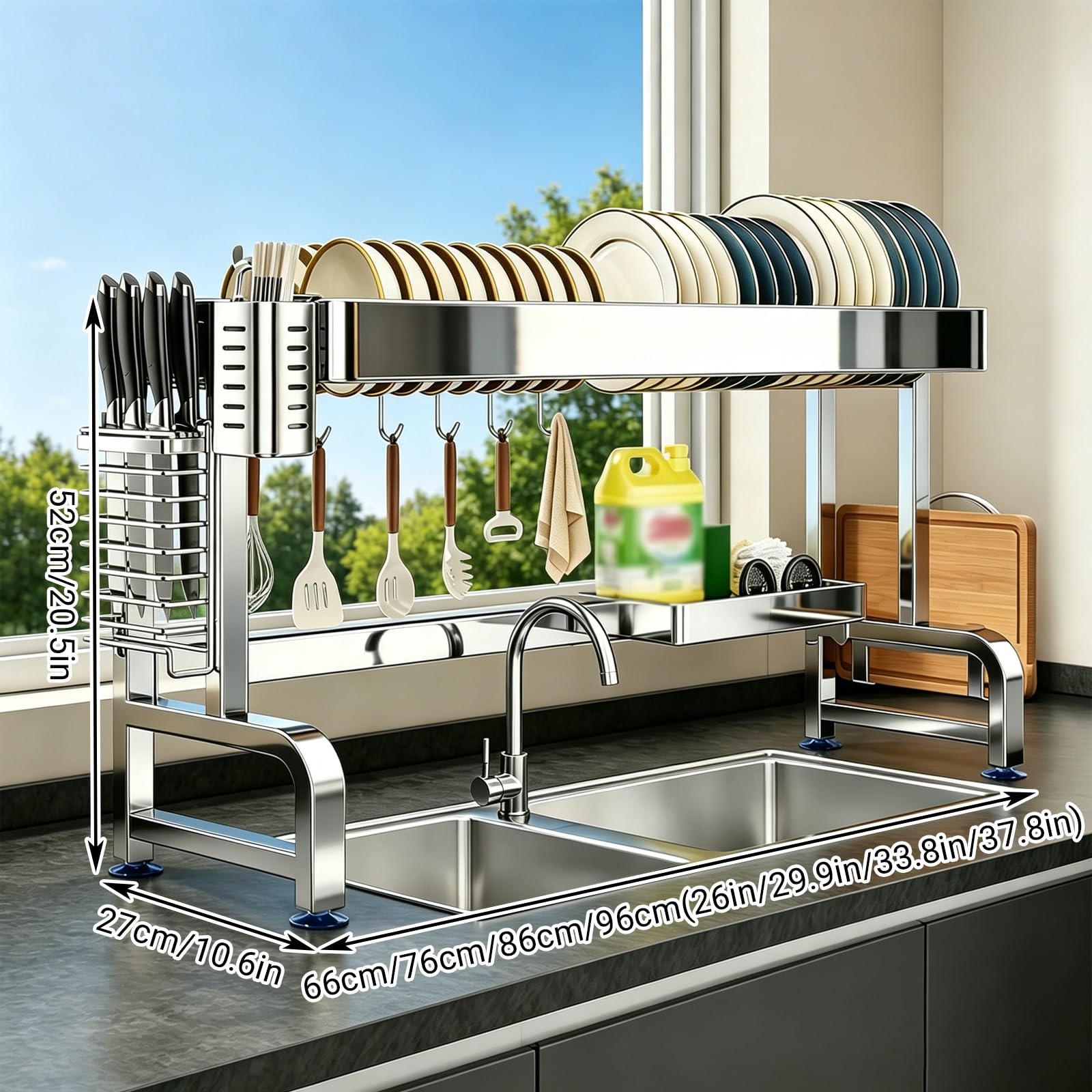 Scolapiatti in Acciaio Inox 304 da Utilizzare sopra Il lavello, Organizer per lavello a Uno o Due Livelli, scolapiatti salvaspazio per Il lavello, per Piatti e