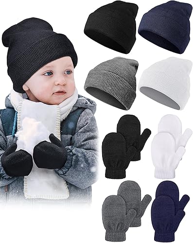 Juego de 4 gorros de invierno para niños con guantes de punto, gorro suave para niños y niñas