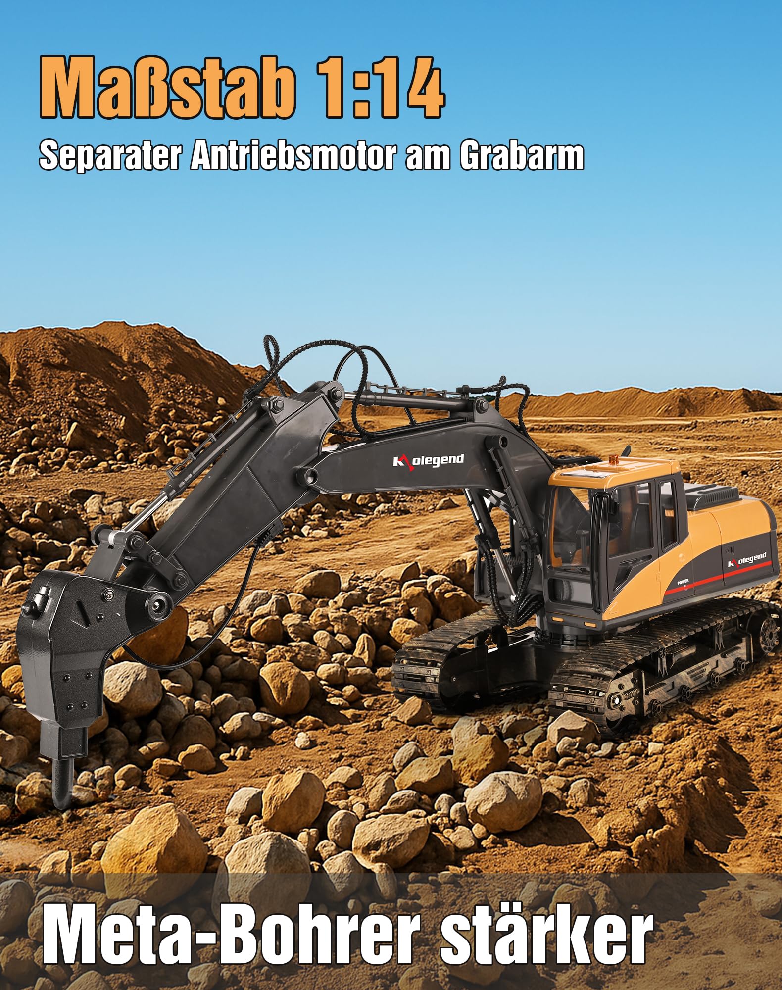 kolegend 3-in-1 Fernbedienungs-Bagger Spielzeug 1/14 Ma?stab RC-Bagger 15-Kanal-Upgrade voll funktionsf hige Baufahrzeuge mit Werkzeug Metallbrecher und elektrischem Greifer