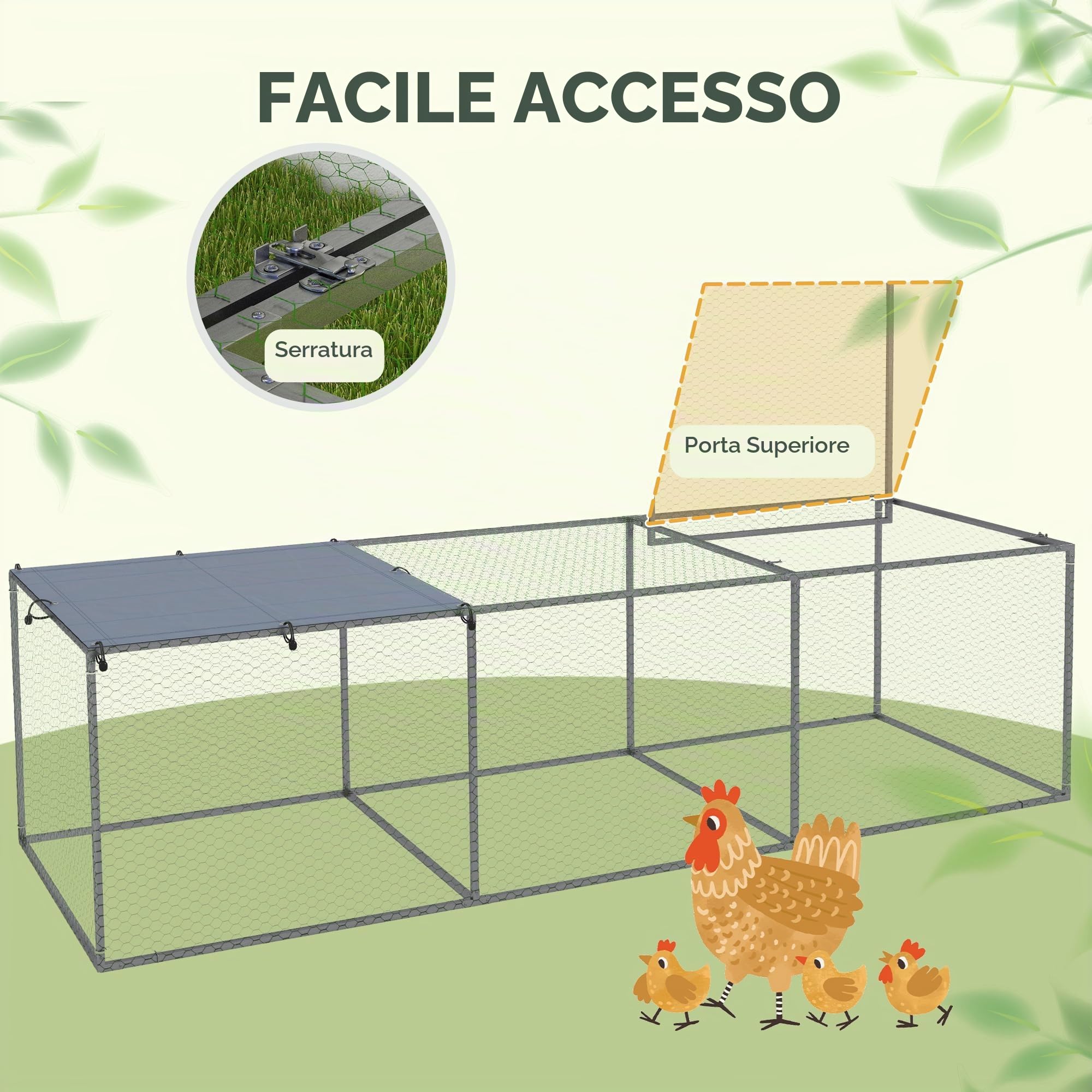 PawHut Recinto conigliera all'aperto 3 m² per piccoli animali dim. 3 x 1 x 0,8 m acciaio zincato, 1 porta superiore, spazio coperto da telone