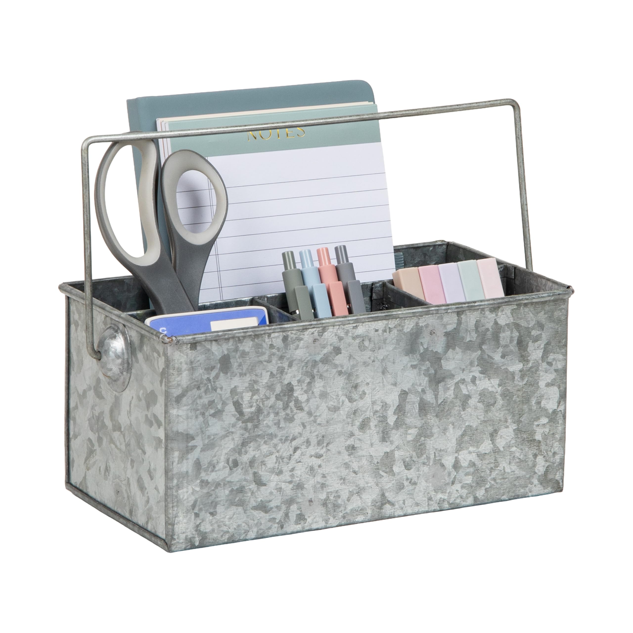 Mind Reader 4-Compartment Metal Organizer Caddy with Handle, Multi-Purpose Storage, Galvanized Metal, 9.25"L x 5"W x 4.5"H, Silver