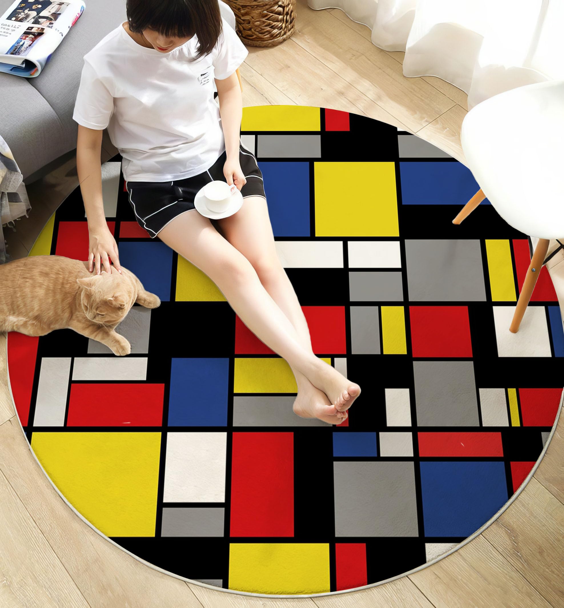 Waschbar Teppich Rund 120cm, rutschfest Dünner Teppich, Gegend Kreis Mehrfarbig Geometrie Raster Farbblock Fußboden Teppiche für Wohnzimmer Schlafzimmer Kinderzimmer
