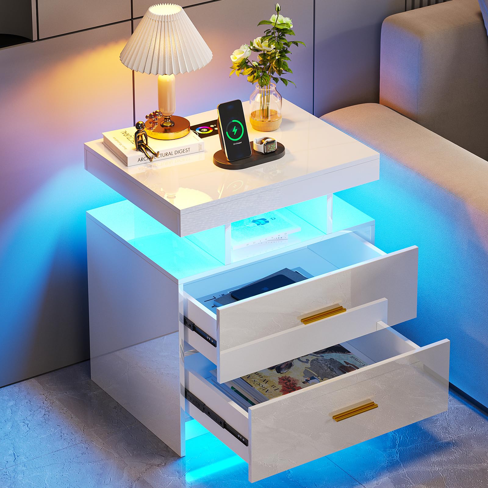 HNEBC Auto LED Nightstand with Wireless Charging Station & USB Ports,High Gloss Bedside Tables with 2 Drawers,Floating Nightstand with 3 Color &