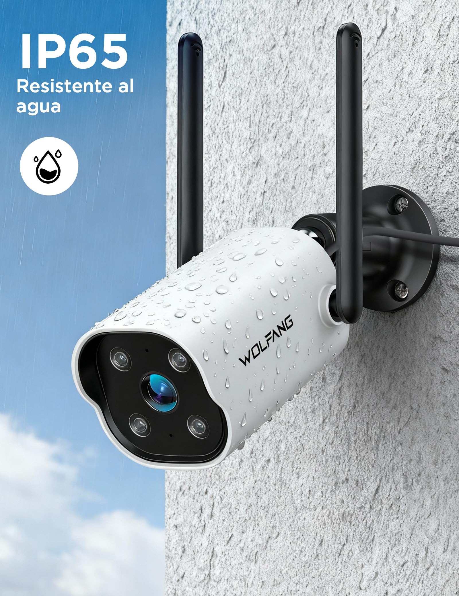WOLFANG Camara Vigilancia WiFi Exterior, 2K Seguridad Camaras Vigilancia Domicilio WiFi 2,4G con Visión Nocturna Color, Detección de Movimiento, Sirena, Audio Bidireccional, IP65, 2 Pack