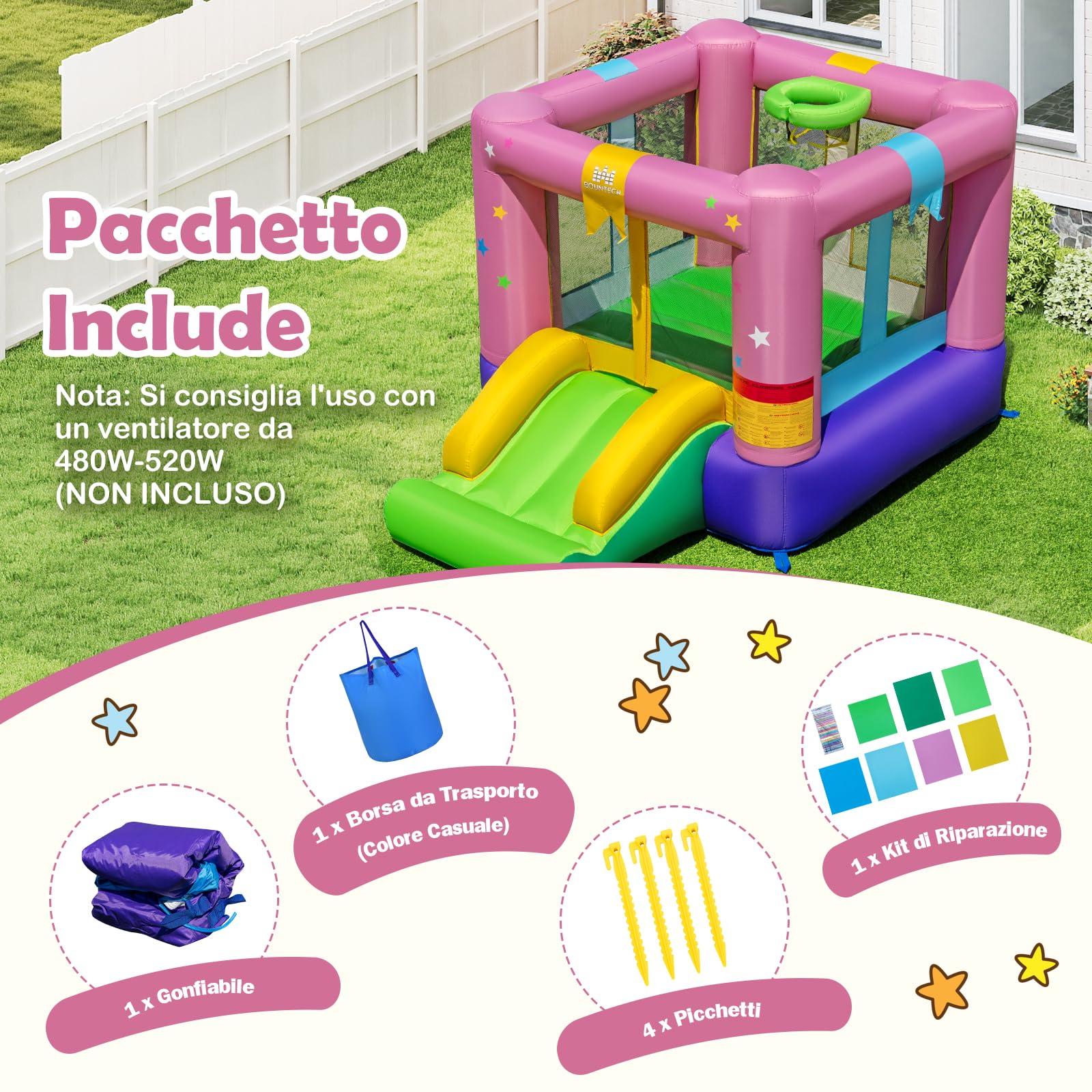 GYMAX Castello Gonfiabile con Area Salto, Scivolo, Gioco di Pallacanestro, Mini Rimbalzante per Bambini con Borsa da Trasporto, Mini Trampolino Gonfiabile per Feste Interno e Esterno