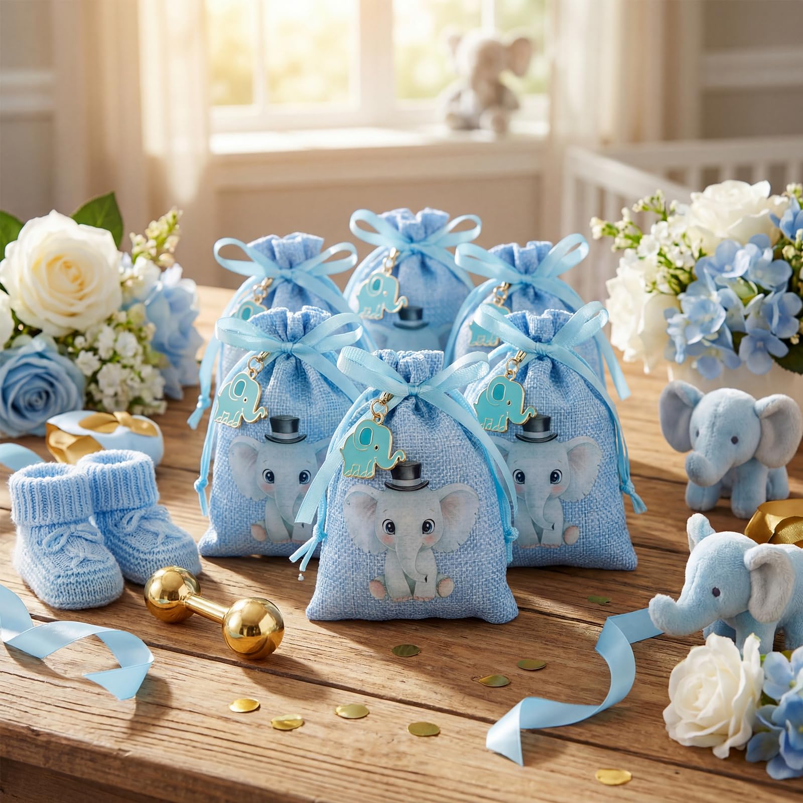 Otuuz 30 Set Sacchetti Confetti Battesimo 30 Sacchettini Lino per Battesimo 30 Portachiavi con Elefante 1 Nastri per Feste per Neonati, Battesimi, Regali per Ospiti delle Feste di Nascita(Bimbo)