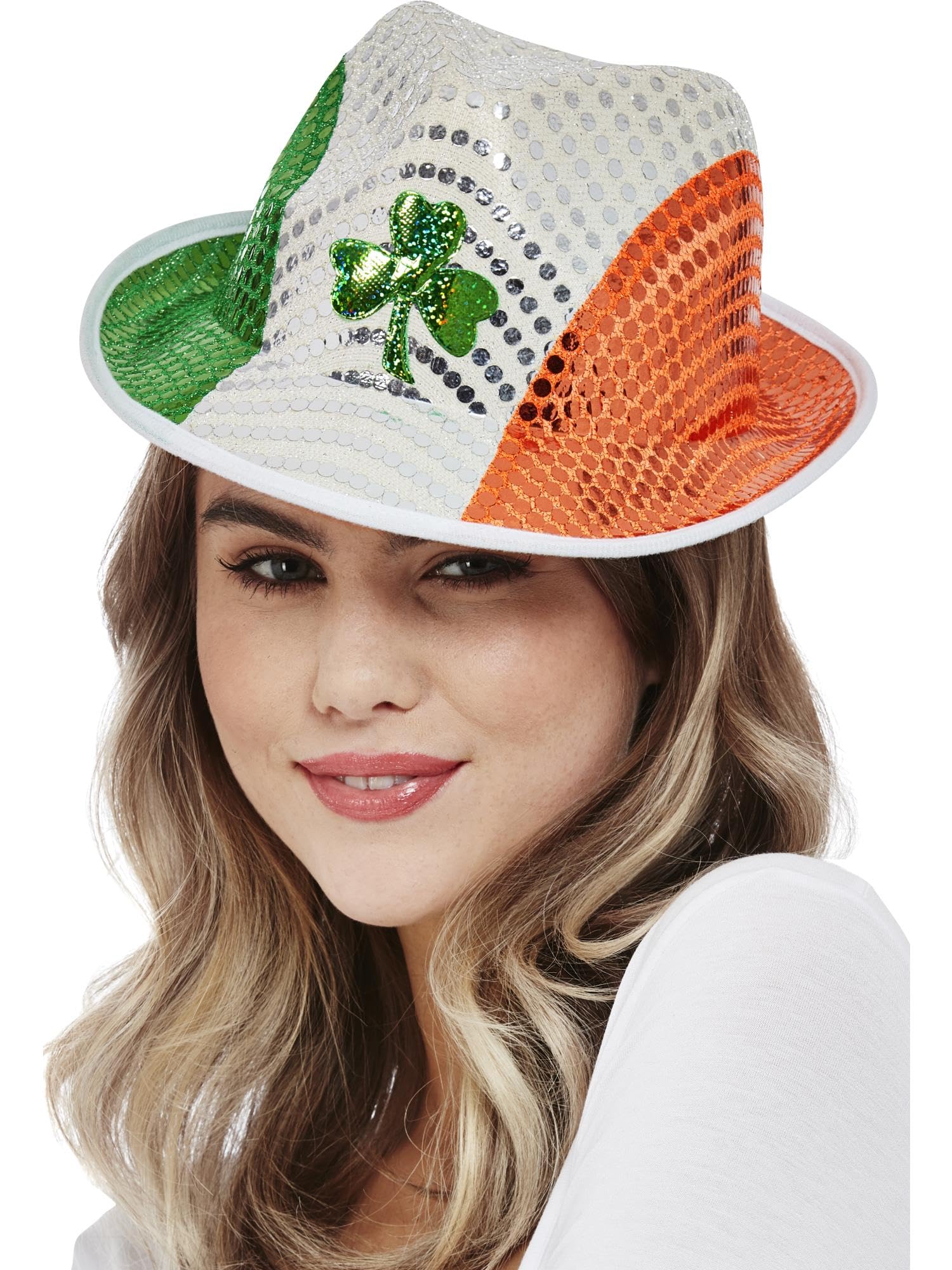 Smiffys Paddy's Day Irish Flag Sequin Trilby Hat with Shamrock Motif, St Patricks' Day Fancy Dress, Adult Dress Up Hats