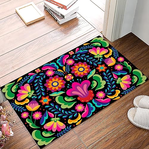 Tapete de baño de arte mexicano para interior, antideslizante, lavable, absorbente, decoración del hogar para cocina, dormitorio, coloridas flores