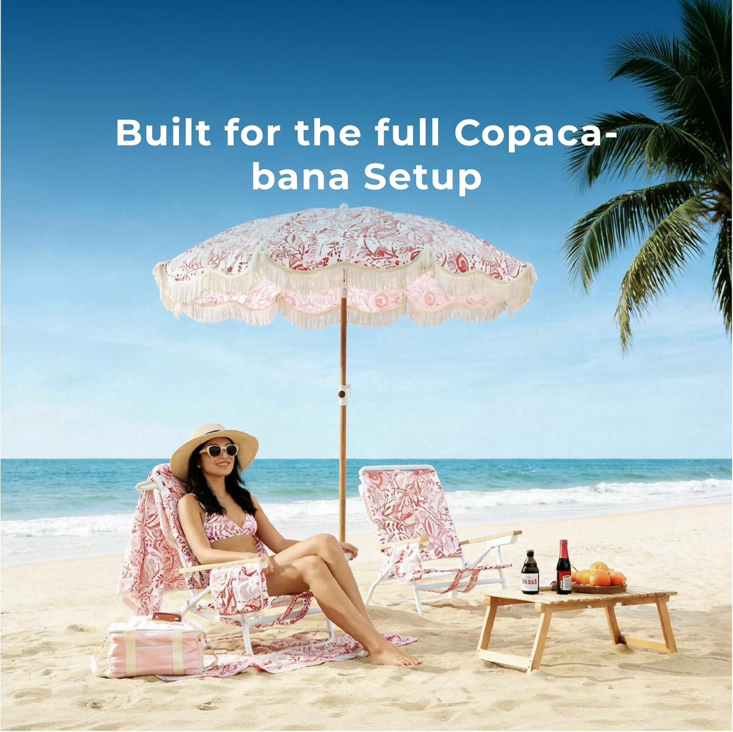 6FT Fringe Beach Umbrella for Sand, Boho Coastal Patio Umbrella with Tassels, UPF 50+ Sun Protection, Tilt, Carry Bag for Beach Vacation & Pool, Reef Crimson