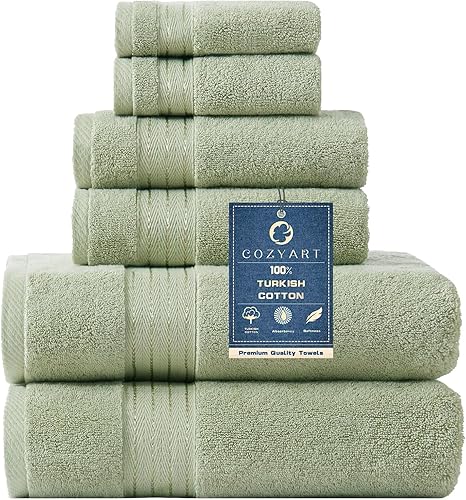 COZYART - Juego de 6 toallas de baño de algodón turco, color verde salvia, gruesas suaves absorbentes duraderas, 19.17 ozyd, incluye 2 toallas de