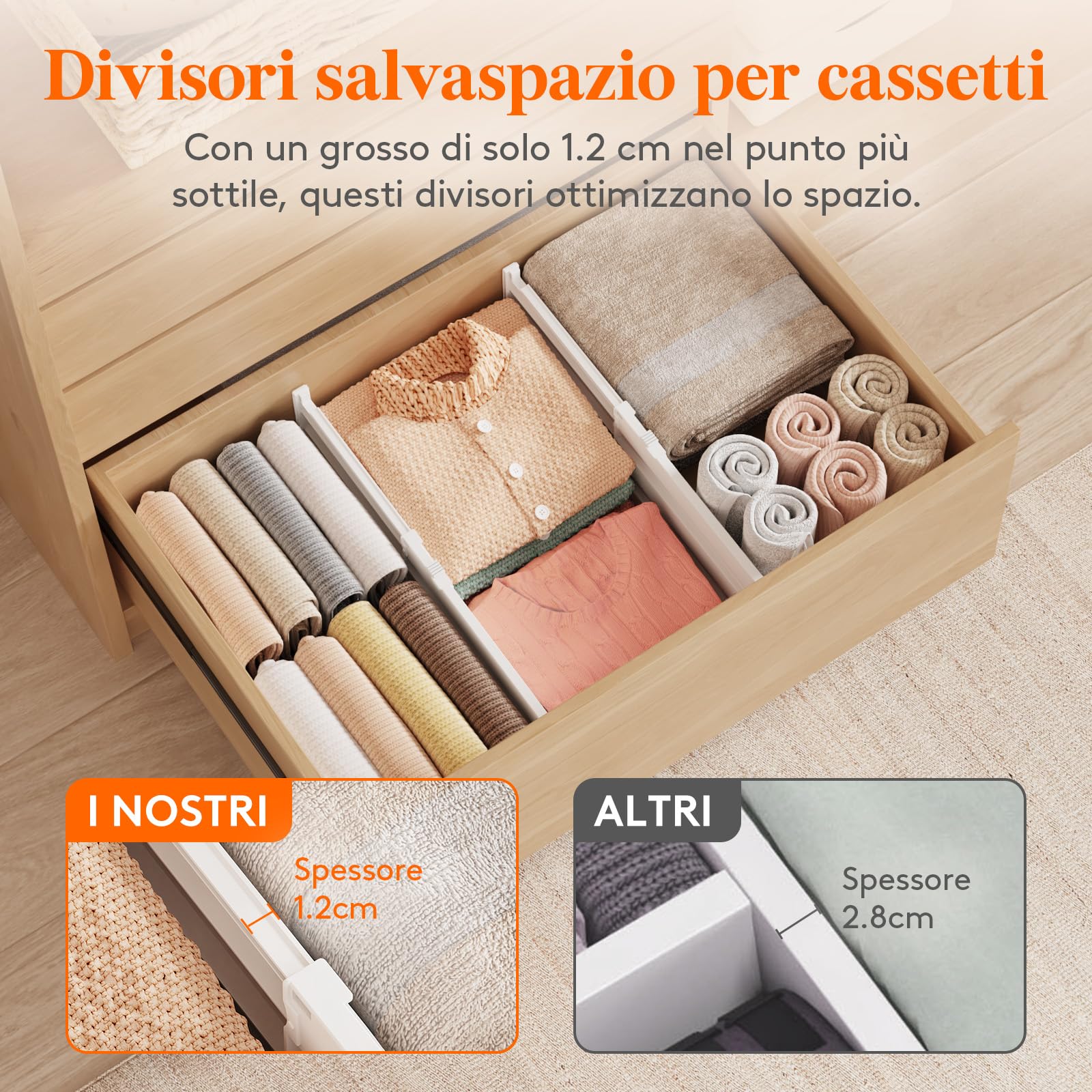 Lifewit Divisori per Cassetti Regolabili, Organizer per Armadio Salvaspazio, Separatore per Armadio, Cucina, Camera da Letto, Confezione da 8, Altezza 20.5 cm, 35-55 cm, Bianch