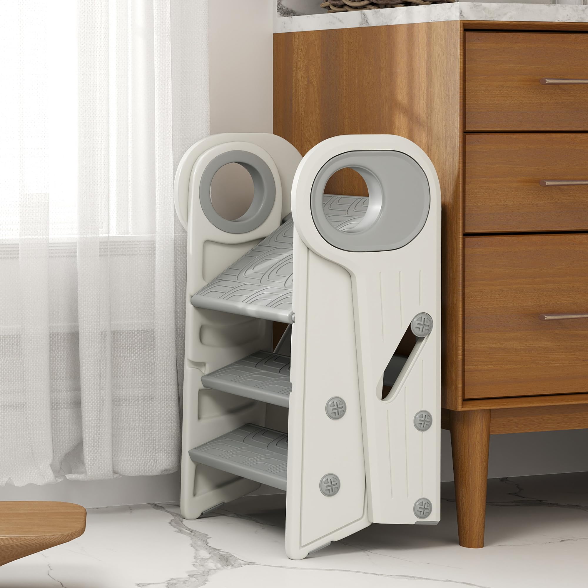 AIYAPLAY Marche Pied pour Enfant 3 marches, Pliable, avec poignées, Gris | Marchepied de cuisine pour enfant, hauteur ajustable, surface antidérapante, pour salle de bain, cuisine