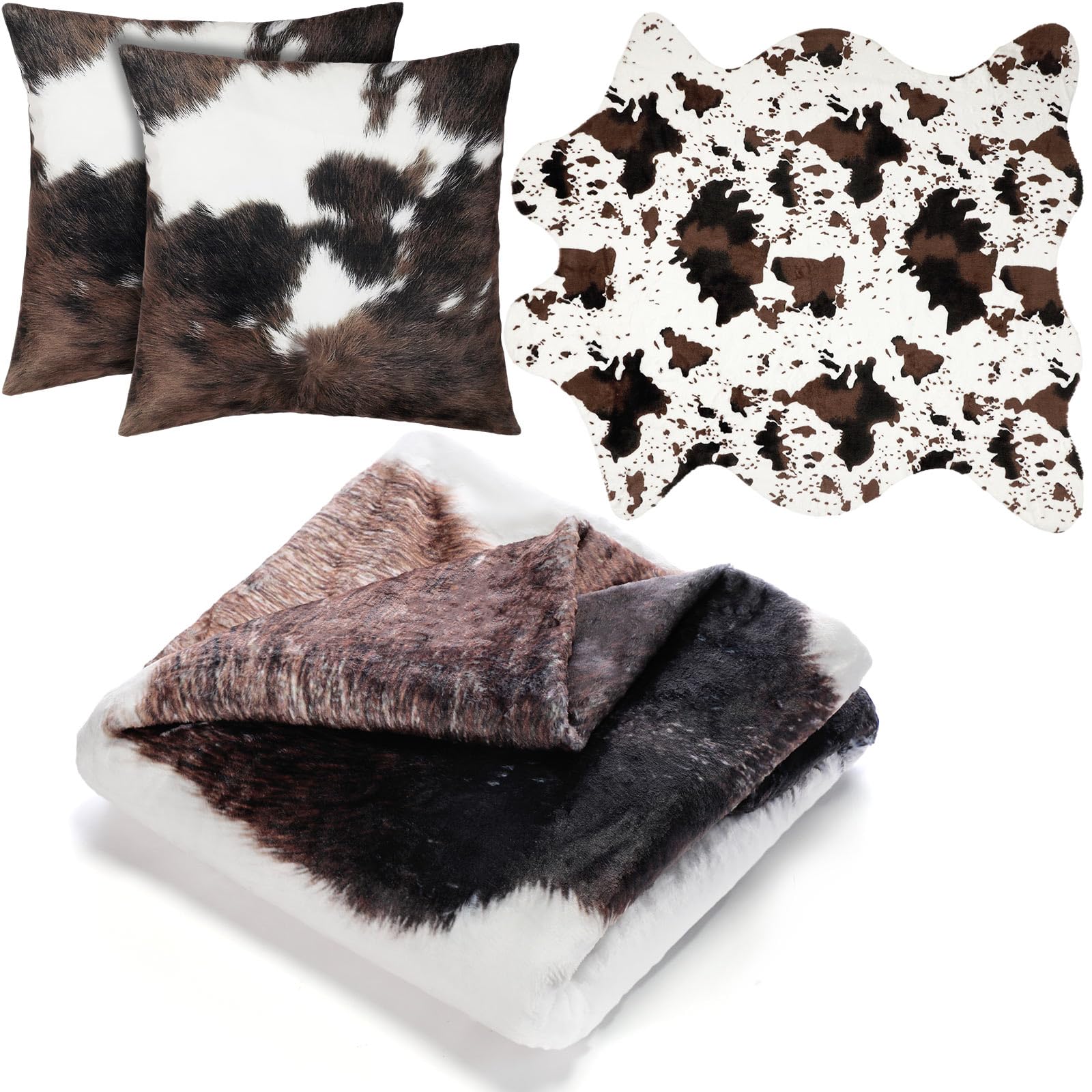Timgle 4 Pcs Cow Rug Pillow Cover Blanket Set 3.6x2.5 ft Cowhide Area Carpet 50''x60'' Soft Cow Throw Blankets 18''x18'' Cowhide Pillow Case for