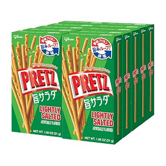 Glico Pretz Lightly Salted Crispy Japanese Pretzel Sticks Featuring Deep Umami Flavors from Veggie Broth, Rock Salt & Seasoning Powder Regular 10 Boxes, 1 Pouch Each