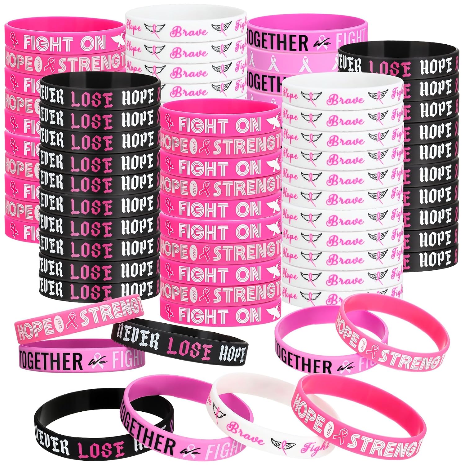 Sinmoe 200 Pcs Breast Cancer Awareness Bracelets Pink Ribbon Silicone Wristbands Breast Cancer Accessories Rubber Wristbands with Hope Faith Strength Courage Support for Women (Cute Style)