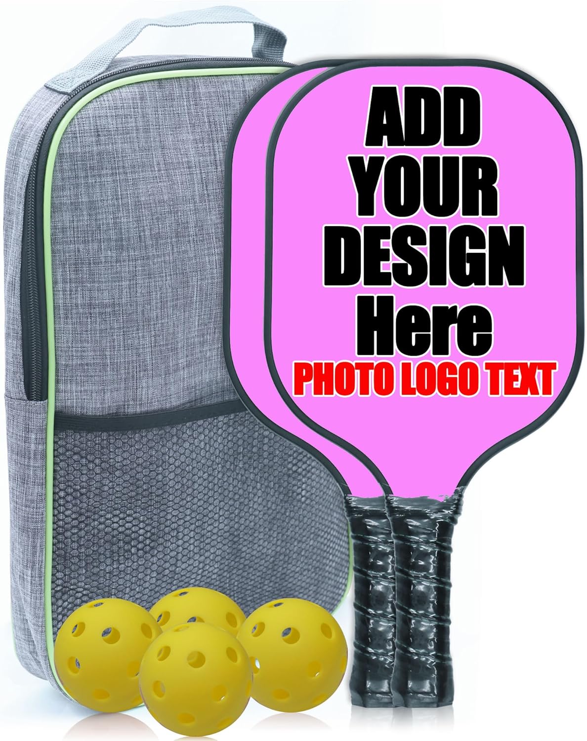 Custom Pickle Ball Paddles Set of 2 Pickleball with Your Photo Text Logo with 1 Portable Carry Bag 4 Balls
