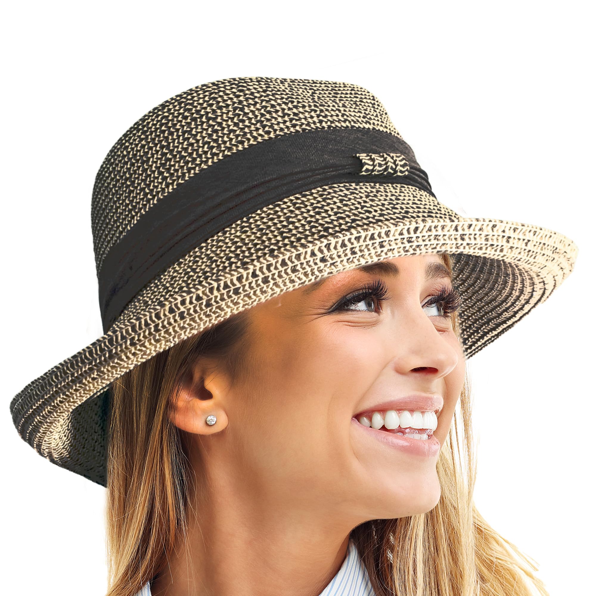 Women's Adjustable Summer Sun Hat Fashion Foldable Roll Brim Trilby Bowler, Black Beige, One size-image-9