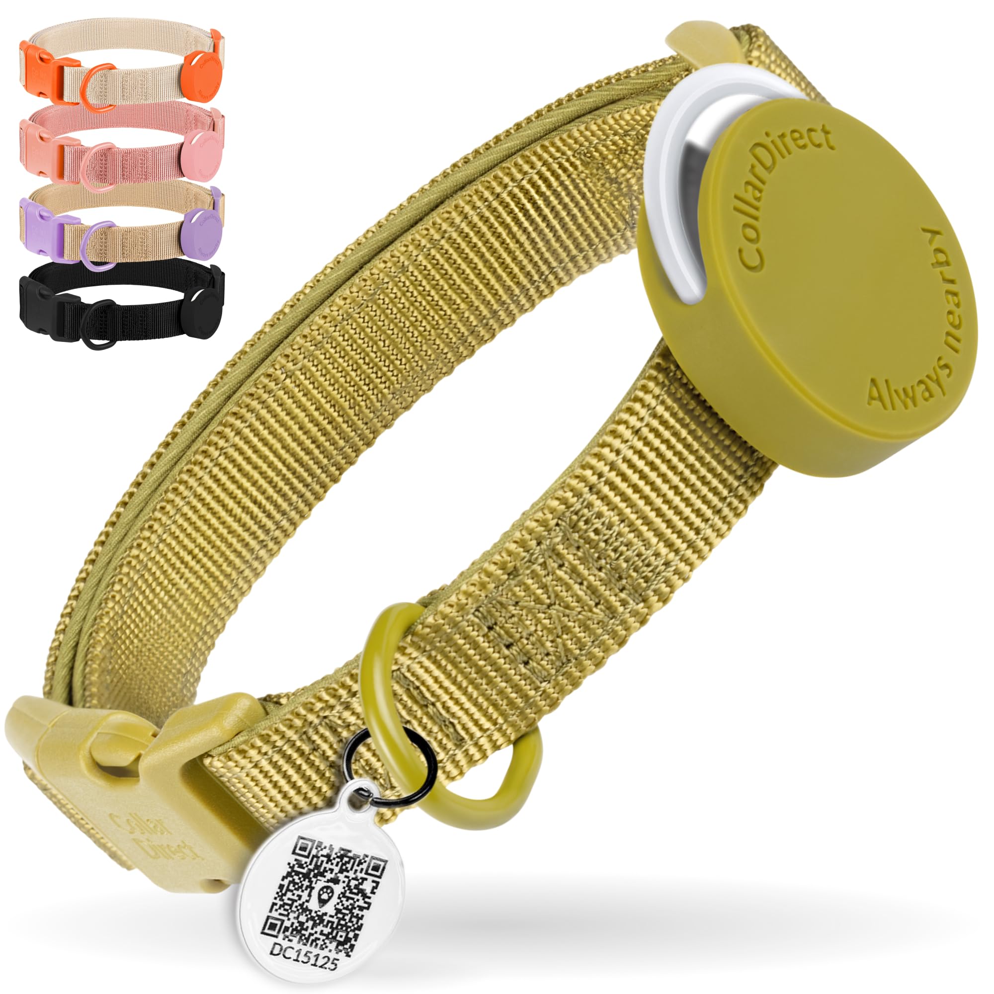 CollarDirect Airtag Nylon Dog Collar Silicon Holder Designed for Apple Airtag with QR Tags Personalized Dogs Puppies 5 Colors Black Pink Violet Green