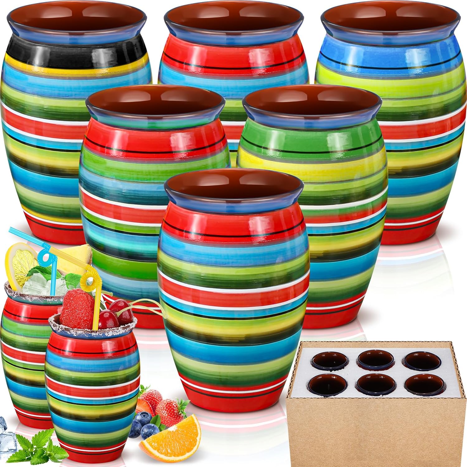 Gejoy 6 Pcs 12 oz Cantaritos De Barro Mexicanos Colorful Cantaritos Shooters Pottery Cocktail Glasses for Margaritas Mojitos Mexican Mexicanos Cocktail Cups