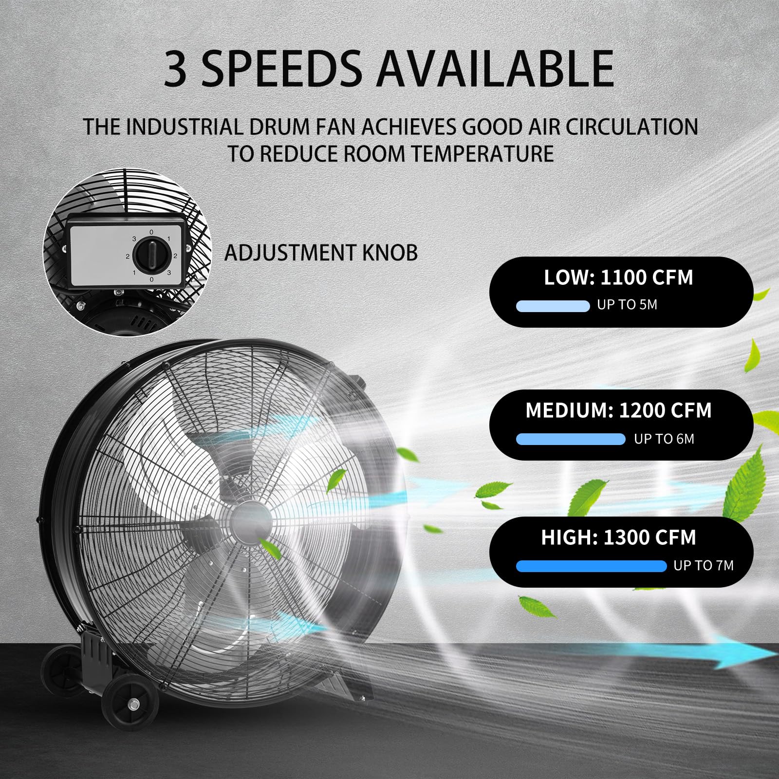 SOARS Ø60 cm Bodenventilator mit Rollen, Mobile Windmaschine mit 3 Windgeschwindigkeiten, Ventilator Metall Industriell, Standventilator für Lager, Werkstatt, Keller (Schwarz)