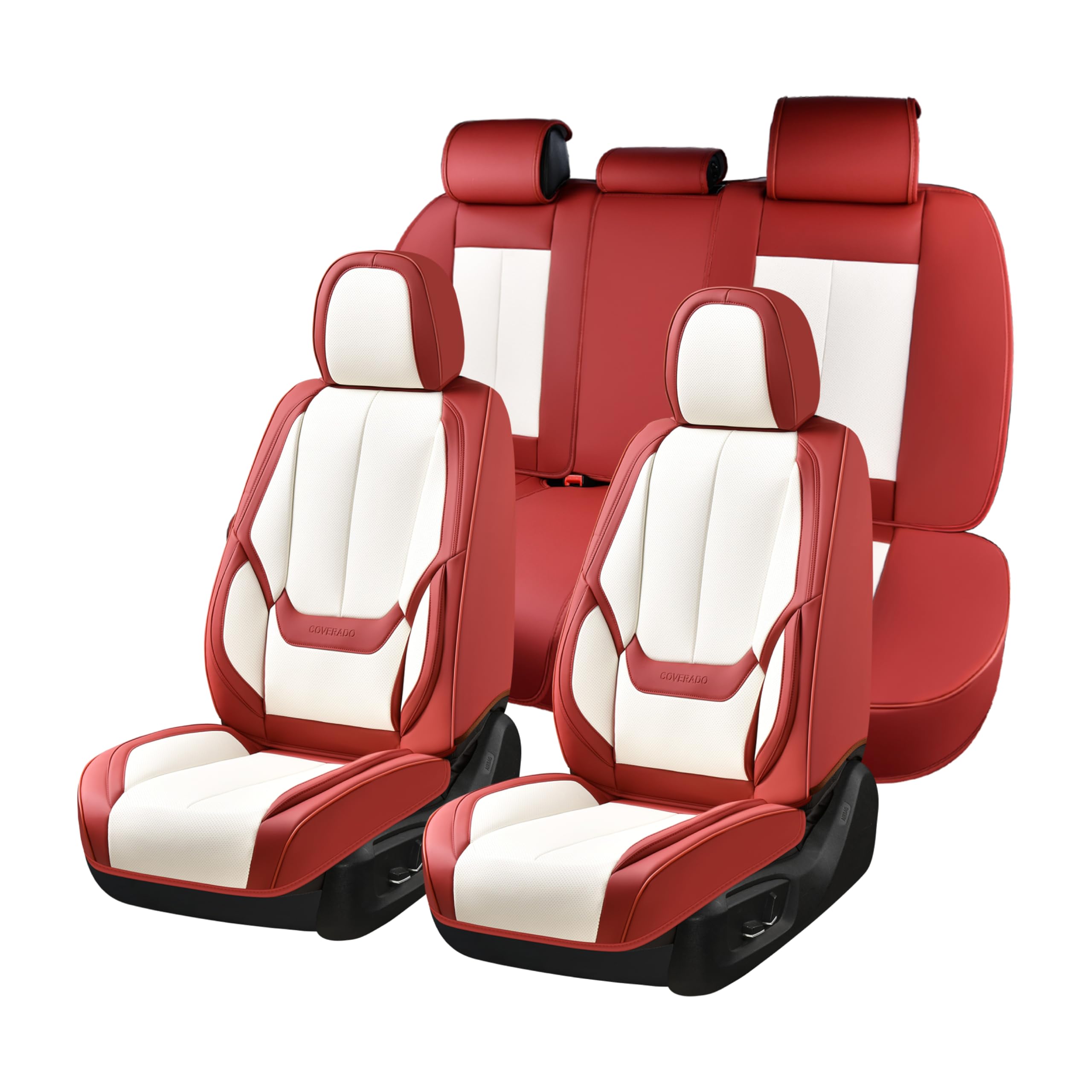 Coverado Car Seat Covers Full Set, Seat Covers for Cars, Car Seat Covers Front Seats and Back Car Seat Protector Waterproof, Leather Car Seat Cushion Universal Fit for Most Cars red-White