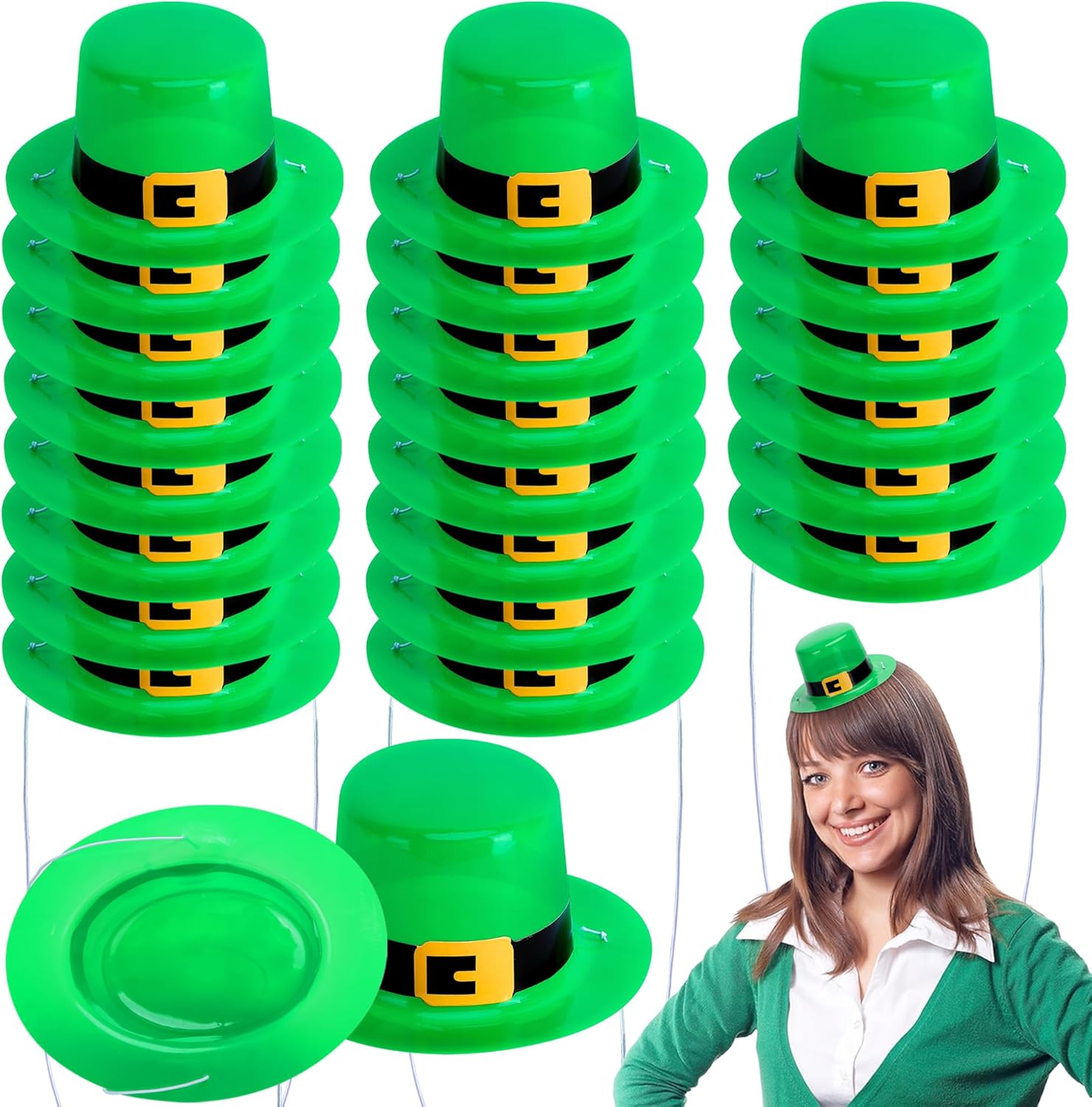 Watayo Mini Green St. Patrick Top Hats, St. Patricks Mini Party Hats with Buckle, Small Irish Green Top Hats for Party Decor