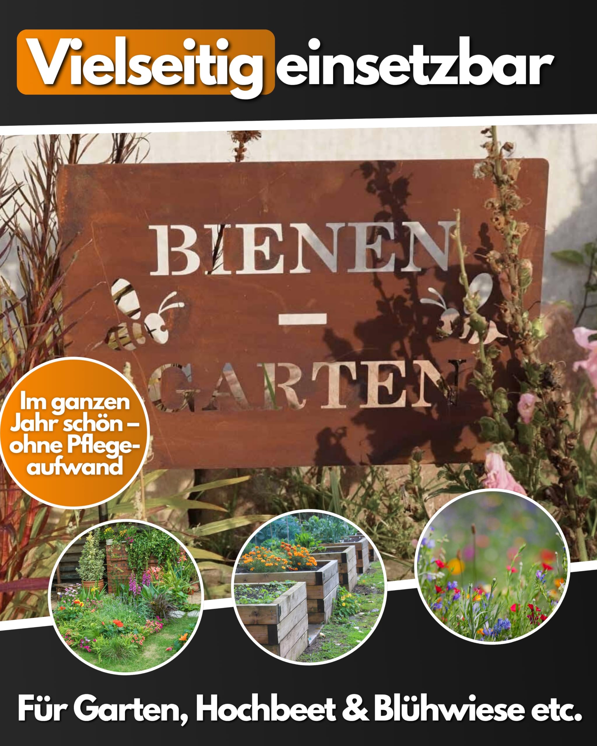 Feuerfest 123 GmbH Deko-Schild Bienen-Garten I 30x20 cm I Stilvoller Gartenstecker aus robustem 1 mm Cortenstahl I Hochwertige Edelrost-Gartendeko I Langlebiges Garten-Schild aus präziser Handarbeit