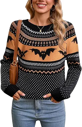Women's Vintage Fair Isle Pullover Sweater Casual Fit Dressy Crewneck Long Sleeve Lightweight Knit Tops