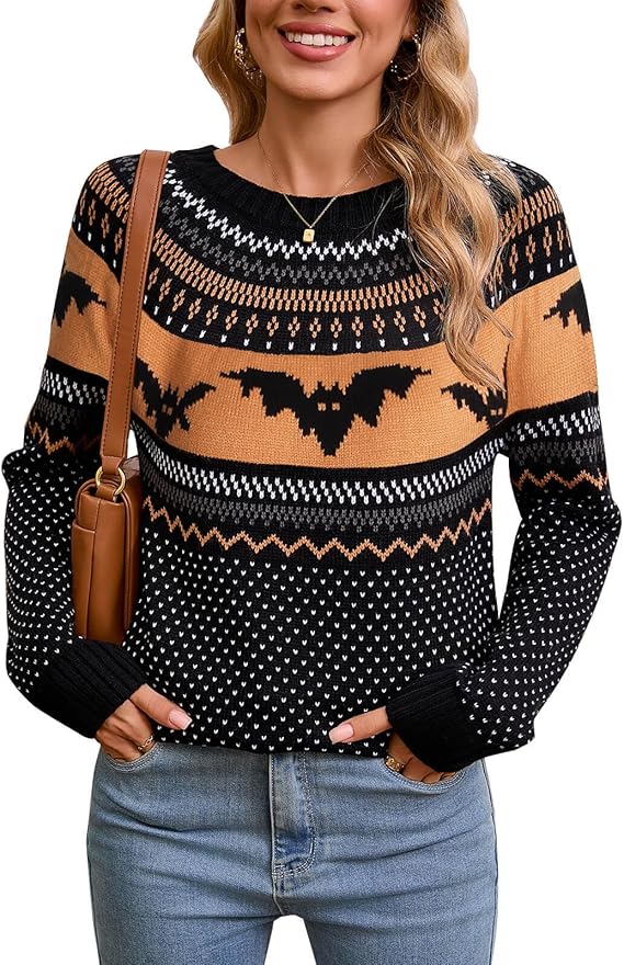 Women's Vintage Fair Isle Pullover Sweater Casual Fit Dressy Crewneck Long Sleeve Lightweight Knit Tops