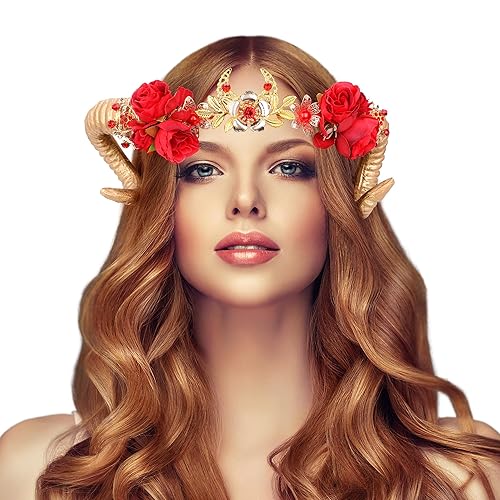 COSUCOS Gothic Gold Ram Horns Crown - Devil Sheep Horn Headband Handmade Ram Horn Flower Crown Halloween Hair Accessories Cosplay Photo Props